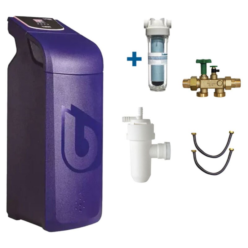 Purple residential water softener with a cartridge filter, shut-off valve, drain trap, and two hoses/bypass lines included.