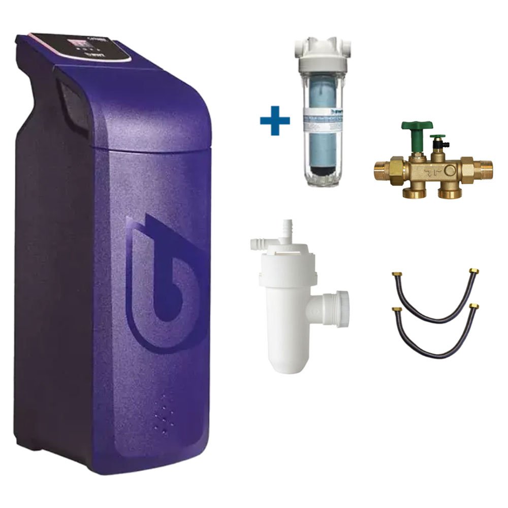 GRP0181 Purple residential water softener with a cartridge filter, shut-off valve, drain trap, and two hoses/bypass lines included.
