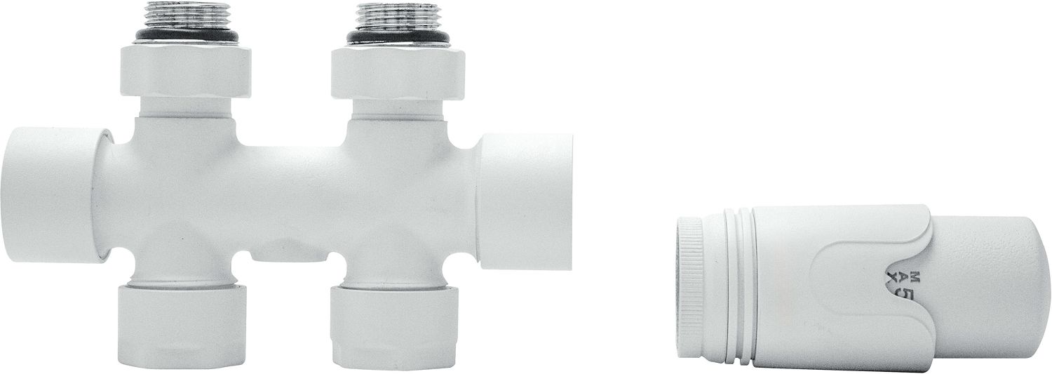 DW1.jpg D-DESIGN TWEEBUIS/ENKELBUIS THERMOSTATISCHE RADIATOR KRAAN KIT + 16MM RECHTE AANSLUITING MAT WIT DW1 - Afbeelding 1