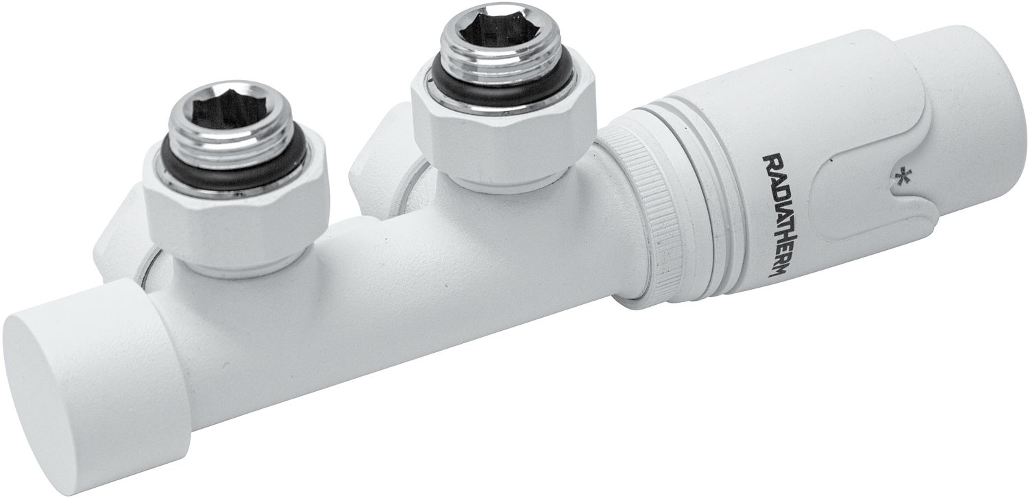 DW2.jpg D-DESIGN TWEE-BUIS/ENKELE-BUIS THERMOSTATISCHE RADIATOR KRAAN KIT +16MM AANSLUITING MAT WIT DW2 - Afbeelding 1